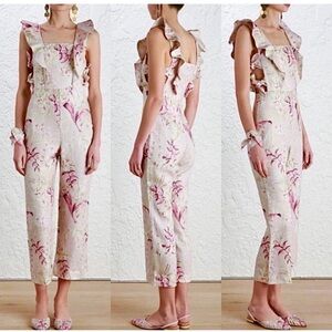 Zimmermann Winsome Apron Floral Linen Jumpsuit 6 Pink Romantic Cottagecore